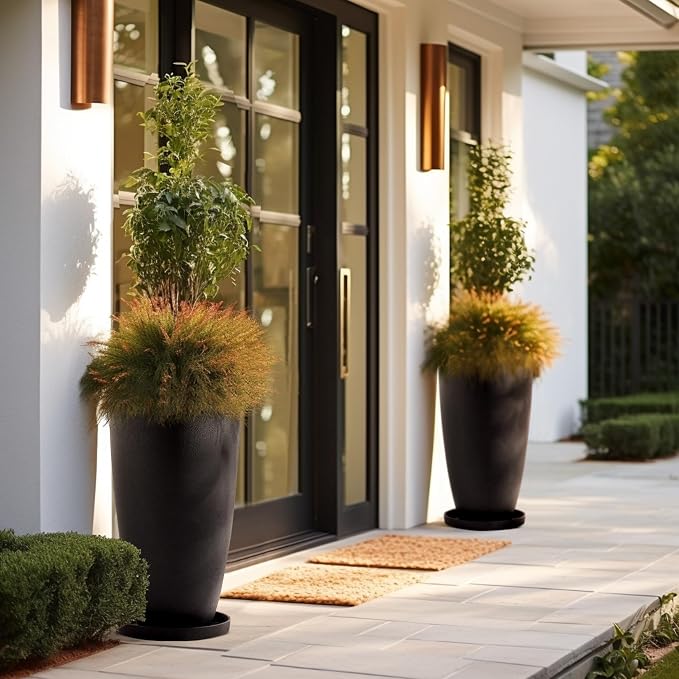 LA JOLIE MUSE 20inch Tall Planters Set of 2,Black Indoor/Outdoor Planters with Trays,Tree Plant Pots for Front Door,Patio and Deck