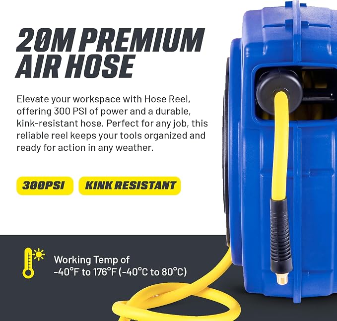 Goodyear Air Hose Reel Retractable 3/8" Inch x 65' Feet Premium Commercial Flex Hybrid Polymer Hose Max 300 Psi Heavy Duty Spring Driven Polypropylene Construction w/Lead-in Hose and PVC Handle