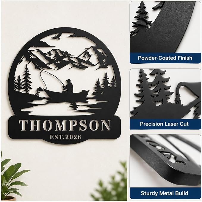 Personalized Fishing Metal Sign with Name, Custom Fisherman Wall Art for Lake House Cabin Man Cave Decor, Outdoor Iron Fishing Pole Plaque, Angler Gift for Dad