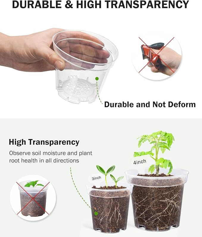 homenote Clear Nursery Pots for Plants,4 Inch Plant Pot for Planting Plastic Seedling with Drainage Holes Seed Starter Flower High Transparency with 20 Labels (60 Pack)