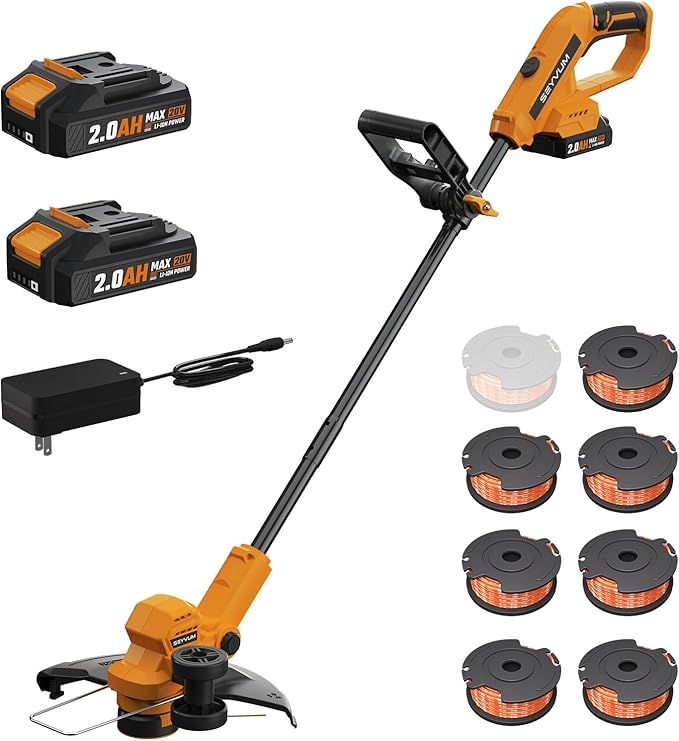SEYVUM String Trimmer, 20V 12-inch Cordless Weed Trimmer with Auto Line Feed, 2 X 2.0Ah Battery Powered Lawn Edger with 8 Pcs Grass Cutter Spool Line, Orange