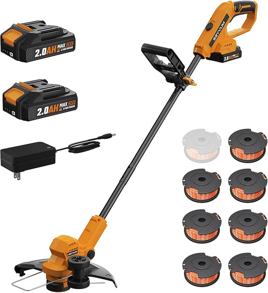 SEYVUM String Trimmer, 20V 12-inch Cordless Weed Trimmer with Auto Line Feed, 2 X 2.0Ah Battery Powered Lawn Edger with 8 Pcs Grass Cutter Spool Line, Orange