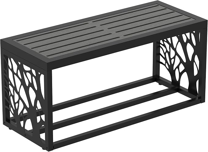 37" Outdoor Garden Bench with Storage Shelf, Modern Black Entryway Bench, Wood-Grain HDPE Seat, Galvanized Steel Frame with Powder Coating for Porch, Yard, Patio, Tree