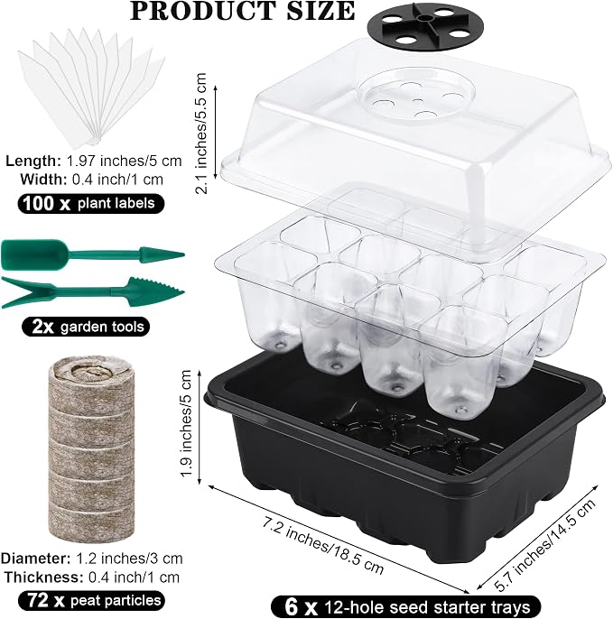 Hahood 6 Pack 12-Cells Seed Starter Tray Kit with Humidity Dome and Base, Germination Tray Including Peat Pellets, Plant Labels, Tool, Plastic Plant Seedling Starter Trays for Indoor Outdoor, Black