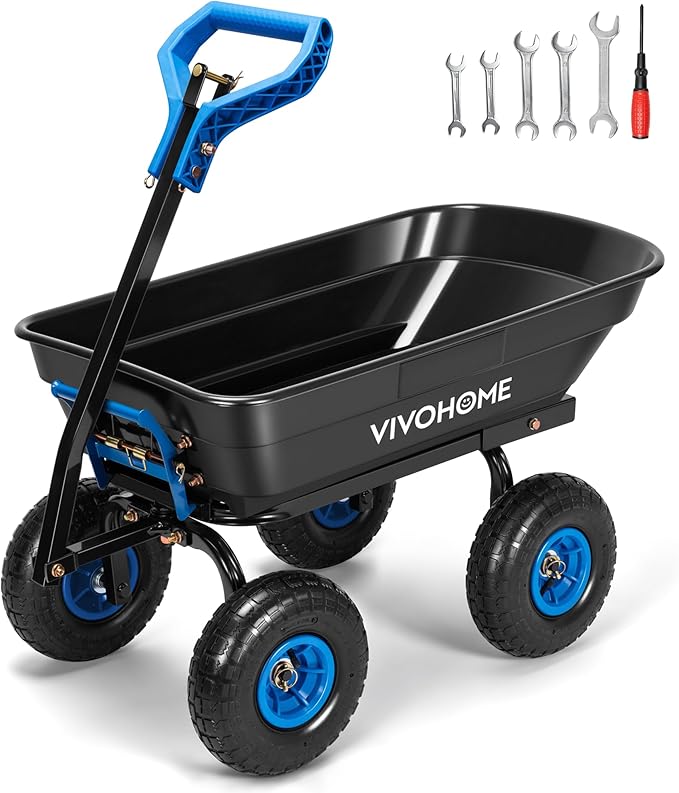 VIVOHOME 660lbs Wheelbarrow Dump Garden Cart with 2-in-1 Convertible Handle | Attach to ATV or Tractor, 10" All Terrain Wheels, Heavy Duty Utility Trailer for Yard