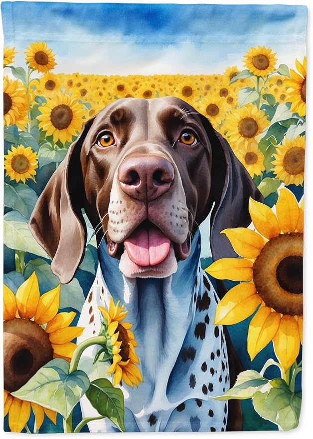 Caroline's Treasures DAC6085CHF German Shorthaired Pointer in Sunflowers House Flag Large Porch Sleeve Pole Decorative Outside Yard Banner Artwork Wall Hanging, Polyester, House Size, Multicolor