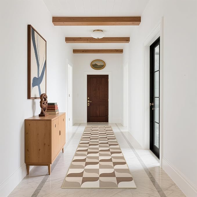 Modern Geometric Runner Rug 2x6 for Hallway Kitchen Bedroom Neutral Beige Brown Abstract Mid Century Modern Runner Rugs Machine Washable Non-Slip Print Low Pile Long Floor Carpet for Entryway Bathroom