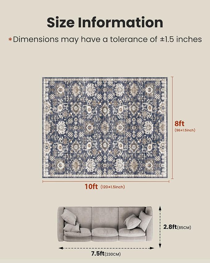 AMADA HOMEFURNISHING 8x10 Washable Area Rug, Low-Profile Large Area Rug with Non-Slip Backing & Durable Edge Binding, Vintage Large Rugs for Living Room, Bedroom, Dinning Room