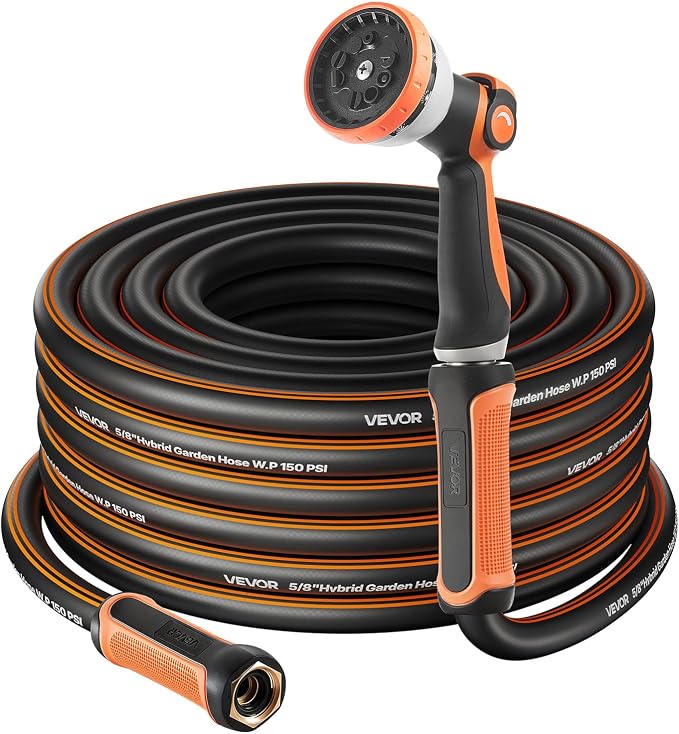 VEVOR Garden Hose, 150 ft 5/8" Heavy Duty Rubber Water Hose with 10 Mode Nozzle, 150PSI Working & 600PSI Burst, Flexible & Non-kink Outdoor Waterhose with 3/4" Fitting, Lightweight Hoses for Gardening