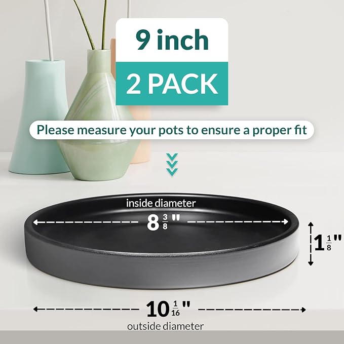 Willowy Heavy Duty Ceramic with Silicone Feet for Added Surface Protection - Scratch-Resistant Plant Drip Trays (Pack of 2) - Plant Plate for Pots 8.3" at the Base or Less, Saucer for Potted Plants
