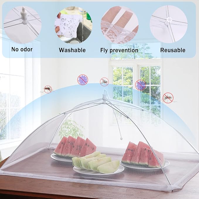 JULBEAR 4 Pcs Extra Large Mesh Food Cover Tent Umbrella for Outside Parties | Mesh Netting, Picnics Outdoor BBQs, Collapsible Reusable Food Covers for Outside, 1 Pcs 40"x24", 3 Pcs 17"x17" Food Nets