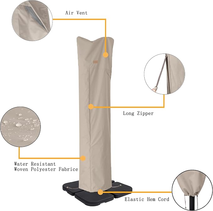 Patio Umbrella Cover for 9ft to 13ft Offset Umbrella, Water Resistant, Curved Cantilever and Straight Pole Parasol Outdoor Umbrellas Cover with Zipper and Rod