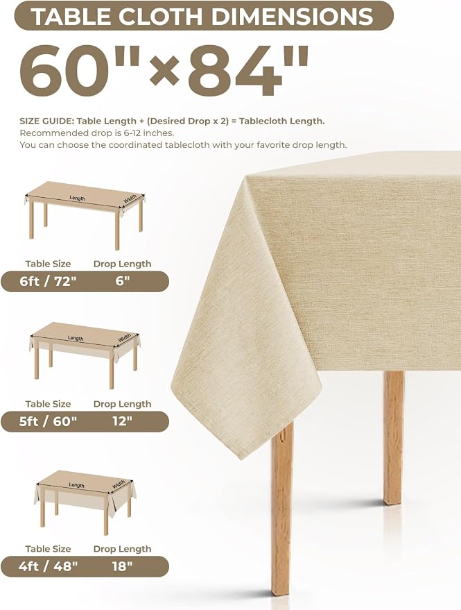 Decorelia Faux Linen Farmhouse Table Cloth 60"x84" for 4-6 ft Rectangle Table, Beige Waterproof Outdoor Washable Cloth Tablecloth for Rectangular Dining Room Kitchen Outdoor Party Restaurant Decor