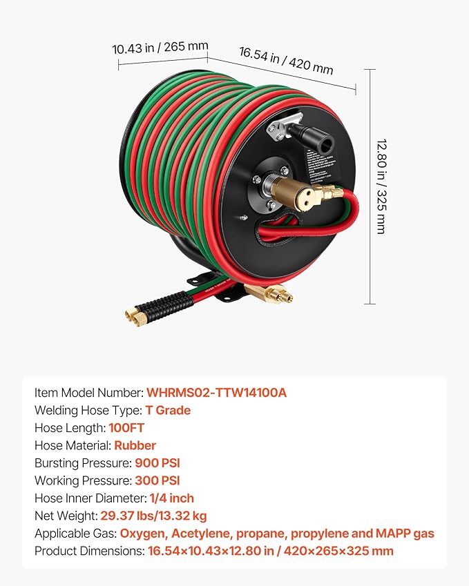 VEVOR Retractable Welding Hose Reel, Hand Crank Manual Rewind Hose Reel with 1/4 Inch x 100FT Twin Oxygen Acetylene Rubber Hose Max 300PSI - T Grade, Ceiling/Wall Mount Steel Reel for Workshop Garages