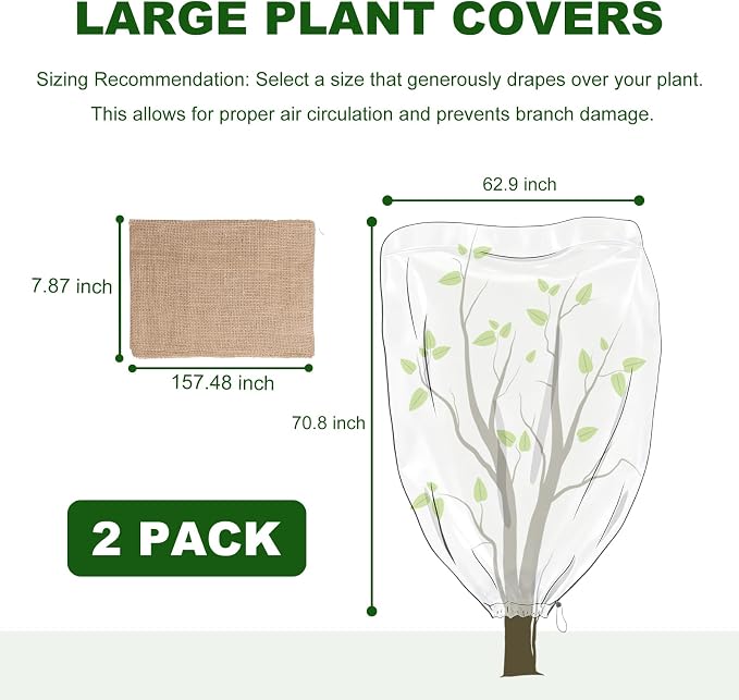2 Pack 63 x 71 Inch Plant Covers Freeze Protection, Frost Cloth Plant Freeze Protection With Burlap Tree Wrap, Reusable Breathable Freeze Blankets With Drawstring for Fruit Tree Shrub Potted