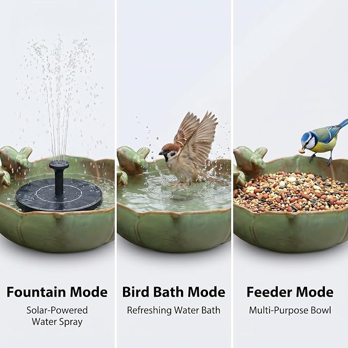 Large Ceramic Bird Bath Bowl with Solar Powered Fountain, Solar Bird Bath Fountain for Outdoors, Hummingbird Solar Water Fountain for Bird Bath, Tabletop Garden Bird Bath for Patio Yard Outdoor Décor