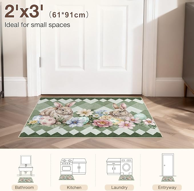 cotiled Area Rug for Living Room, Washable Non-Slip Large Area Rug, Indoor Floor Carpet Low Pile Soft Boho Farmhouse Rug for Bedroom Dining Room Green 2x3