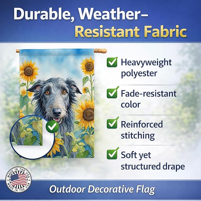 Caroline's Treasures DAC6157CHF Scottish Deerhound in Sunflowers House Flag Large Porch Sleeve Pole Decorative Outside Yard Banner Artwork Wall Hanging, Polyester, House Size, Multicolor