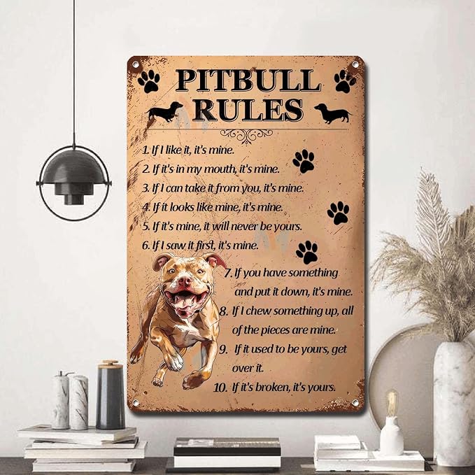 Metal Sign Tin Sign Vintage Wall Art Pitbull Rules Tin Signs for Garden for Pub 12×16 Inches