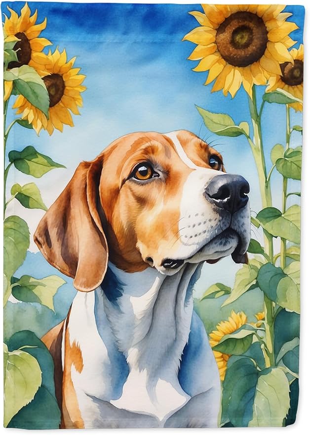 Caroline's Treasures DAC6074GF English Foxhound in Sunflowers Garden Flag Mailbox Flag Decorative Yard Flag Banner Outside Patio Artwork Yard Flower Beds, Garden Size, Multicolor