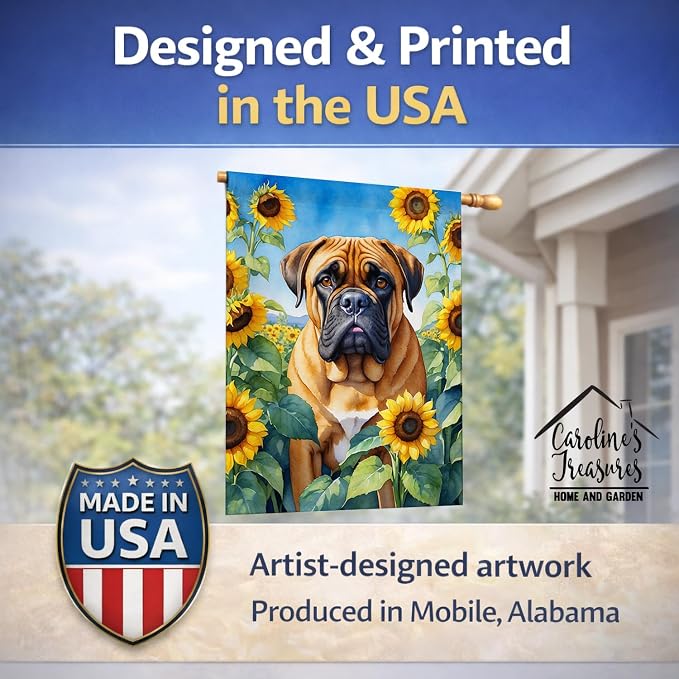 Caroline's Treasures DAC6042CHF Bullmastiff in Sunflowers House Flag Large Porch Sleeve Pole Decorative Outside Yard Banner Artwork Wall Hanging, Polyester, House Size, Multicolor