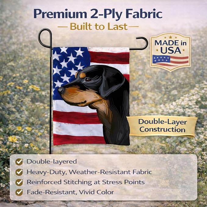 Caroline's Treasures CK6714GF Smaland Hound Dog American Flag Garden Flag Mailbox Flag Decorative Yard Flag Banner Outside Patio Artwork Yard Flower Beds, Garden Size, Multicolor