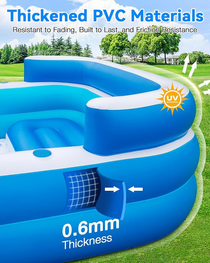 Large Inflatable Swimming Pool - 120" x 85" x 26" Blow Up Pool for Adults and Kids with Seat & Air Pump, for Backyard Lawn Indoor Outdoor Use
