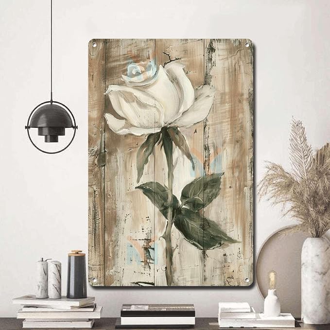 Metal Sign Tin Sign Vintage Wall Art White Rose Vintage Tin Sign for Shabby Chic Interiors Weathered Texture and Corrosion Resistant A Home Deccor Store Home Decor for Restaurant 6×8 Inches