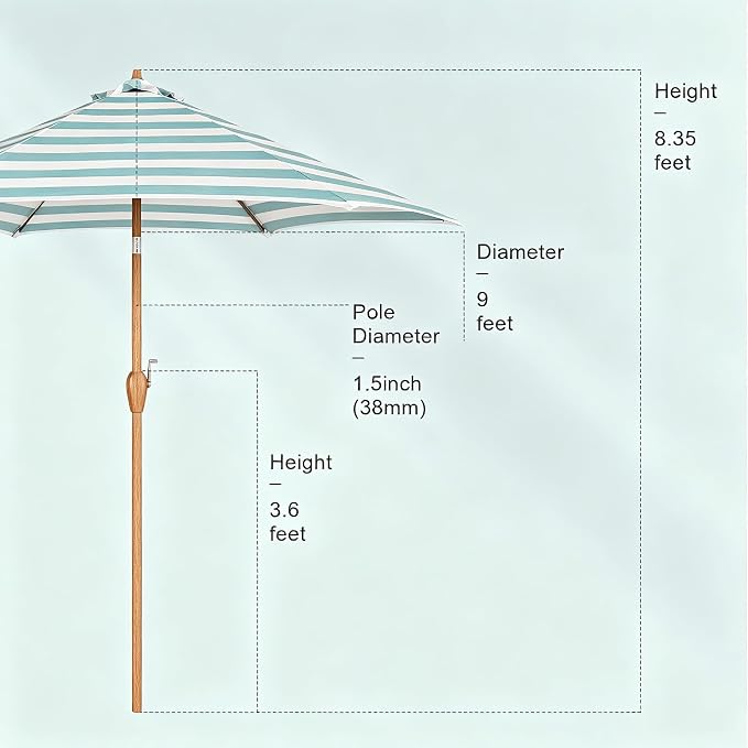 Tempera Striped Patio Umbrellas Outdoor Table Market Umbrellas with Crank & Pust Button Tilt|Auto-Tilt, 8 Steel Ribs, High Color-Fastness Canopy