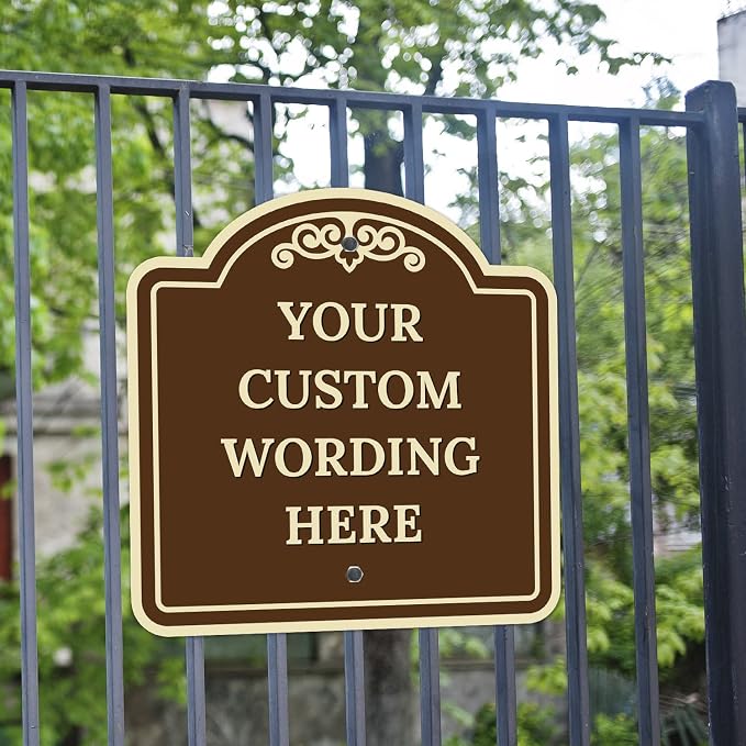 Custom Decorative Sign, Personalized Metal Sign for Business, Driveway, Home, Airbnb, Office Door Plaque, Brown Background Sign, 18x18 Inches, ACM, Fade Resistant, Made in USA by Sigo Signs