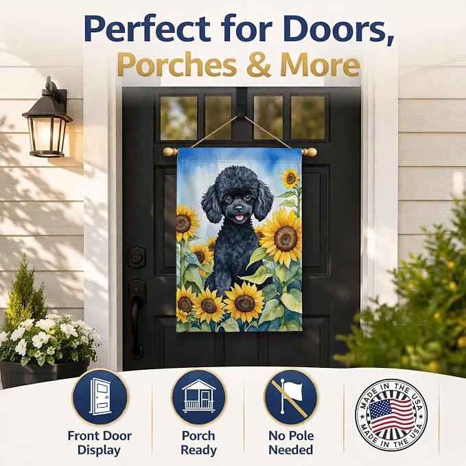 Caroline's Treasures DAC6137CHF Black Poodle in Sunflowers House Flag Large Porch Sleeve Pole Decorative Outside Yard Banner Artwork Wall Hanging, Polyester, House Size, Multicolor