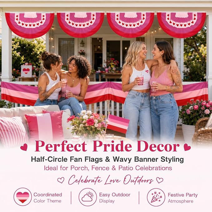 4Pack Lesbian Pride Bunting Flag 2 x 4 Ft, Pink Red White Heart Pleated Fan Flag for Pride Month, WLW Wedding Decorations, LGBTQ Love Party Banner, Same-Sex Wedding, Porch Wall Fence Decor