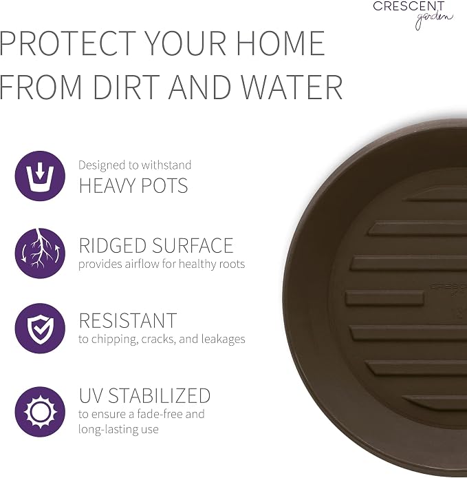 Crescent Garden Universal Round Planter Saucer – Heavy-Duty Drainage Tray for Indoor & Outdoor Use – Fits Pots with 18" Base (23.5" Total Outer Diameter) - Bark Brown