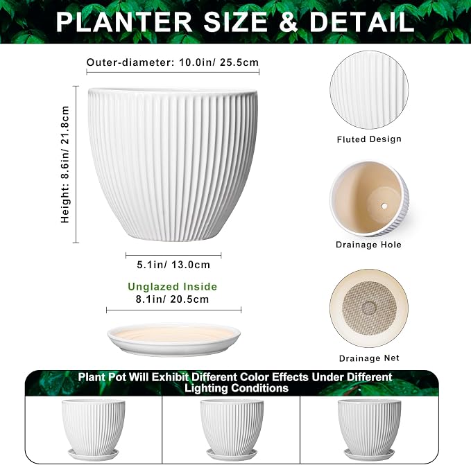 10 Inch Planter, Ceramic Plant Pots with Drainage Hole and Saucer, Modern Large Planters for Indoor Plants, Round Planter, Decorative Flower Pots, Living Room Decor, Gifts for Men Women, White