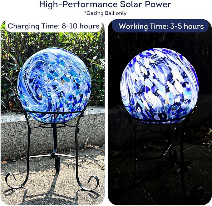 Lily's Home Gazing Ball - 7.68" Glass Globe with Solar Powered Lights - Outdoor Solar Lights for Yard & Patio - Garden Decor - Automatic On/Off Photosensitive Switch - Blue