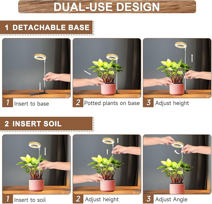 Aokrean Grow Lights for Indoor Plants Growing, Full Spectrum with Base | 48 LEDs Wood Grain 1-Pack, 2 Installation Ways, 6.5-26 in Height Adjustable, 3 Lighting Modes, Timer 6/12/16Hrs,5 Brightness