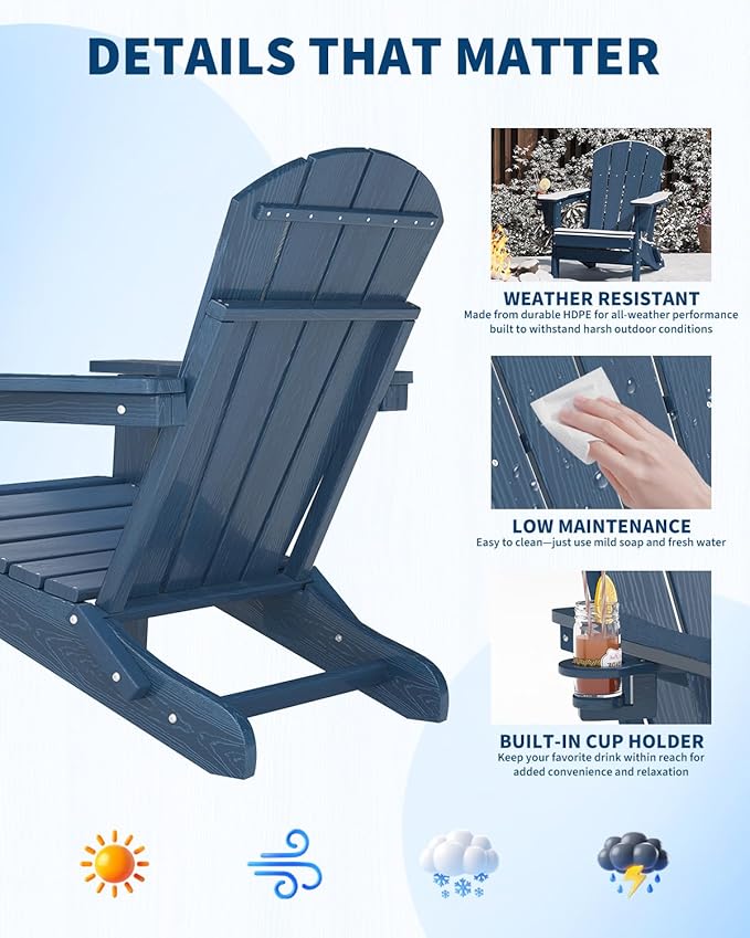 GarveeLife Folding Adirondack Chair Set of 4 with 2 Side Table, All-Weather HDPE Outdoor Chair, Wooden Textured with Cup Holder for patios, Decks, Gardens, fire pits, Navy Blue