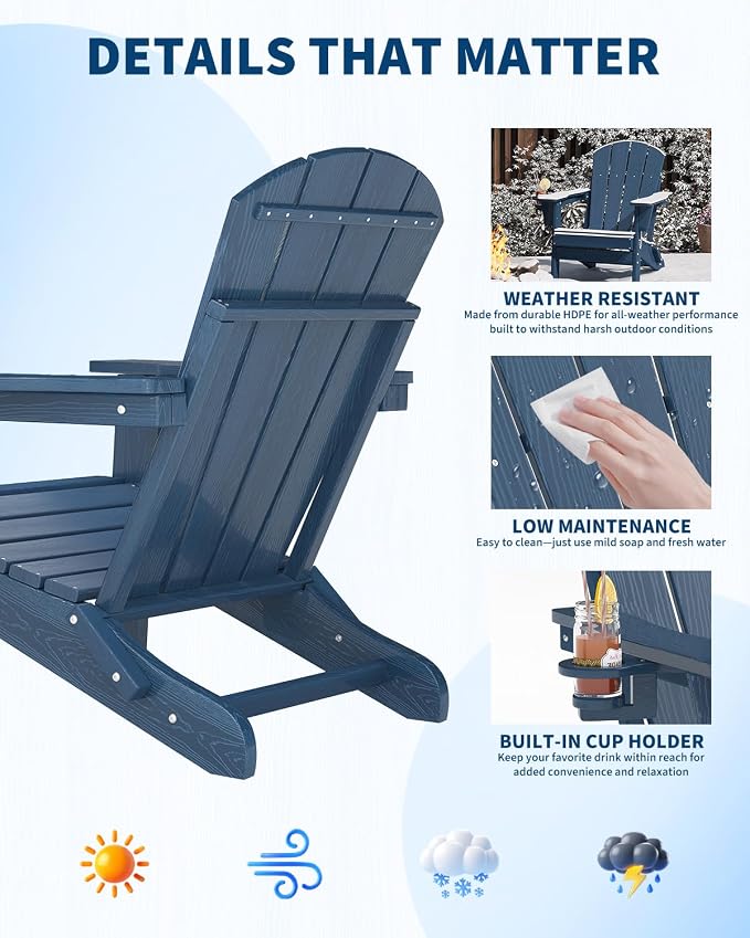 GarveeLife Folding Adirondack Chair Set of 4 with Ottoman, All-Weather HDPE Outdoor Chair, Wooden Textured with Cup Holder for patios, Decks, Gardens, fire pits, Navy Blue