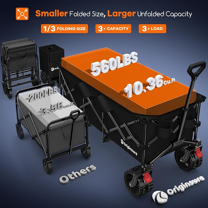 Originsure 48" L Collapsible Wagon Cart Foldable, 560lbs Weight Capacity 300L Heavy Duty Folding Beach Wagons with Big All-Terrain Wheels, Utility Carts for Groceries, Camping, Sports - Black