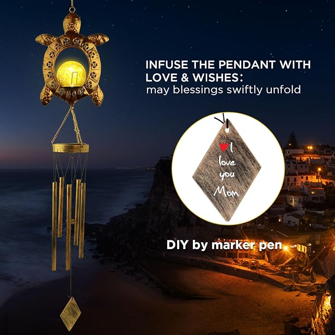 Sea Turtle Solar Lights Outdoor Decor Crackle Glass Ball Solar Turtle Wind Chimes for Outside Unique Gifts for Women Birthday Gardening Gift Housewarming Ornament for Patio Yard Garden Decor