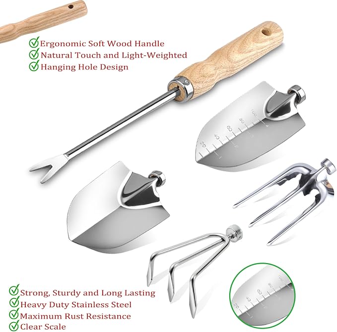 Garden Tool Set, Beswill 12 Pieces Heavy Duty Gardening Hand Tools with Garden Tools Organizer Handbag, Apron, Rust-Proof Stainless Steel Gardening Kit, Wood Handle, Ideal Garden Gifts for Women Men