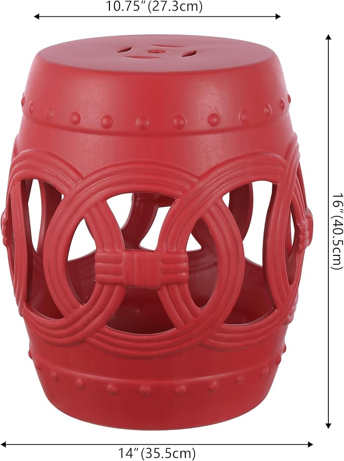 JONATHAN Y Lucky Coins 16" Ceramic Garden Stool, Contemporary Matte Red Cutout Interlocking Rings Drum Indoor/Outdoor Side Table and Plant Stand for Patio, Garden, Living Room TBL1022C