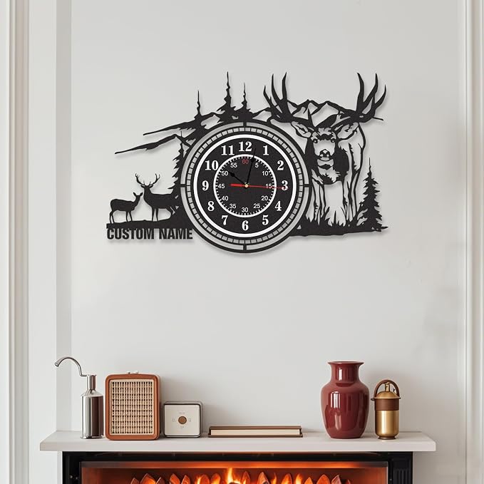 Personalized Name Outdoor Wall Clock, Metal Deer Wall Clock, Silent Non Ticking, Battery Operated, Deer Wall Art, Black Rustic Clocks for Living Room Farmhouse, Hunting Gifts, Cabin Decor