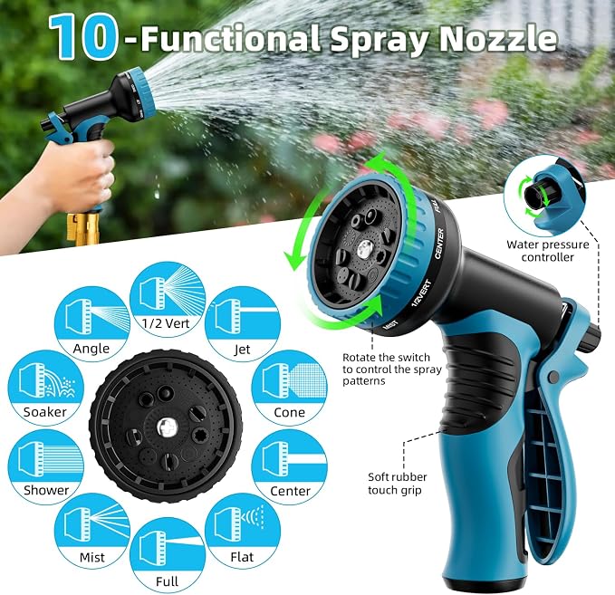 Garden Hose, Non-Expandable Water Hose 50 ft, Flexible, Kink & Leak Proof Water Pipe with 10-Function Spray Nozzle, Lightweight Outdoor Hose for Yard, Lawn, Car Wash, RV and Home Use