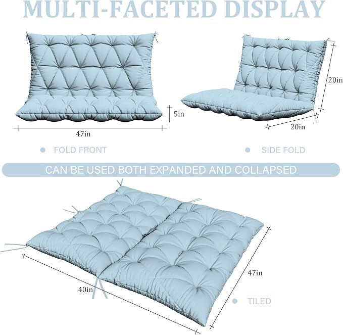 Porch Swing Cushion with Backrest,Waterproof Bench Cushion for Outdoor Furniture,2-3 Seater Replacement Thickened 5 in swing cushion,with Ties,Patio,Outdoor,Backyard and Garden (Sky Blue,47x40 in)