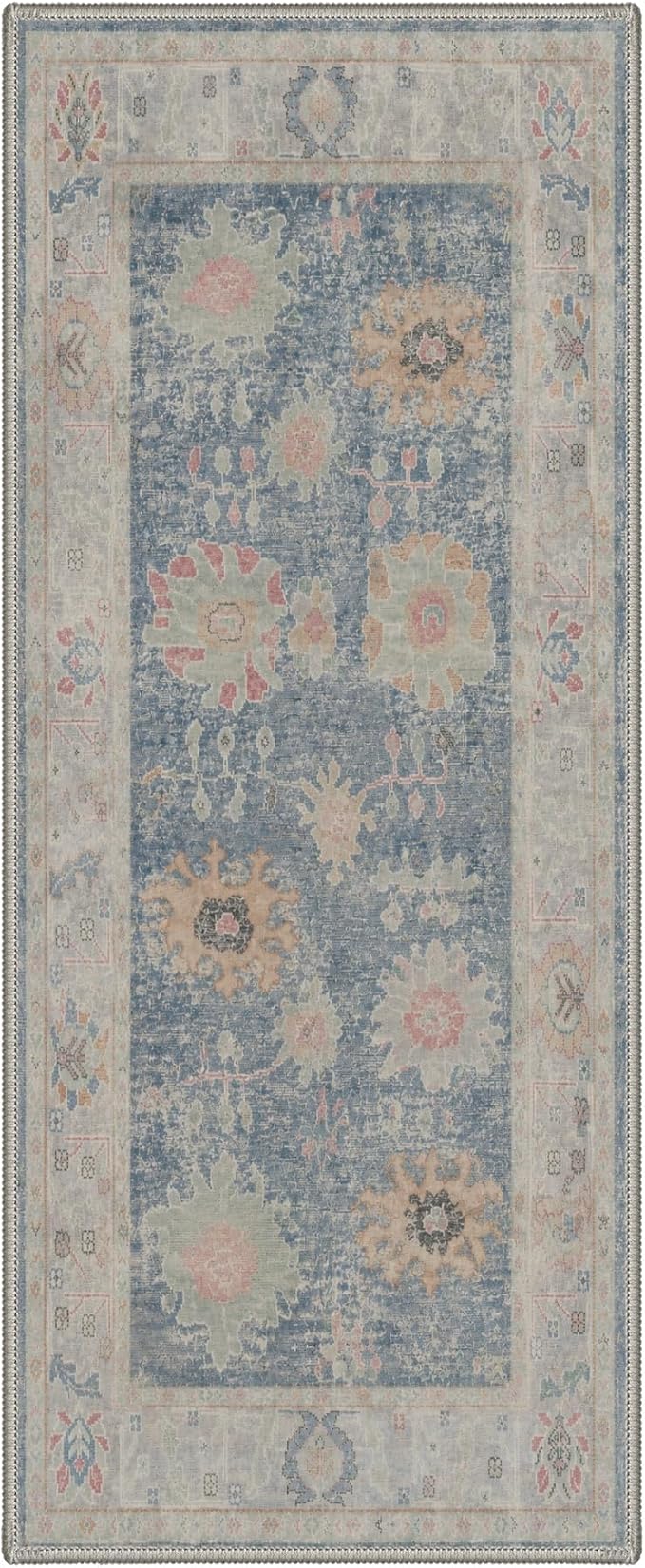 2X5 Washable Hallway Runner Rug, Boho Vintage Floral Non Slip | Dusty Blue Floral Runner, Soft Faux Wool Rug for Corridor Kitchen Entryway, Stain Resistant, Pet-Friendly, Non-Shedding, Thin