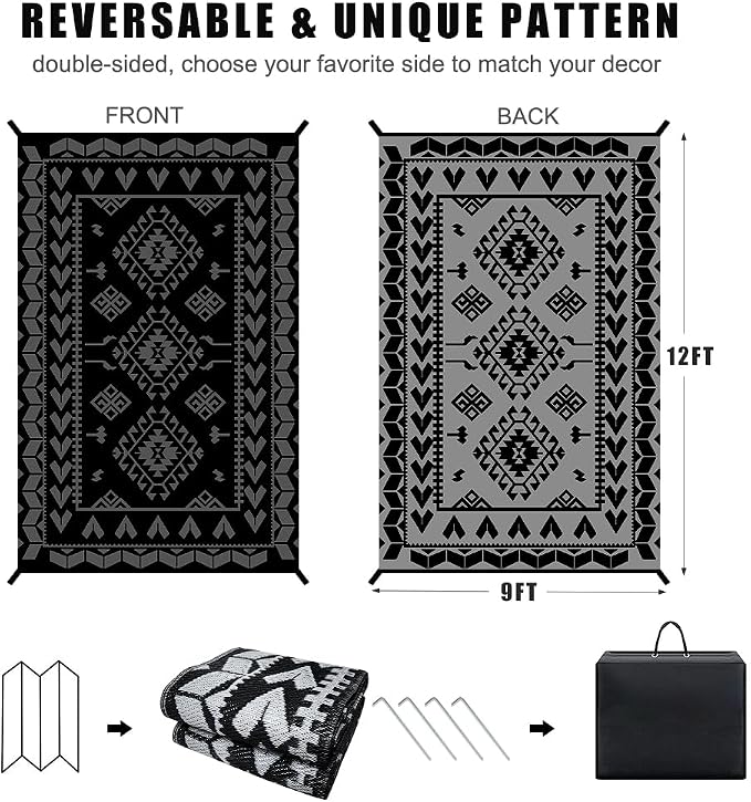 Pendolr Outdoor Rug 9’x12’ for Patios Clearance Waterproof Carpet Large RV Rugs Camping Rug Reversible Outside Rug for Patio Balcony Deck Backyard Picnic Beach Black&Gray 04#