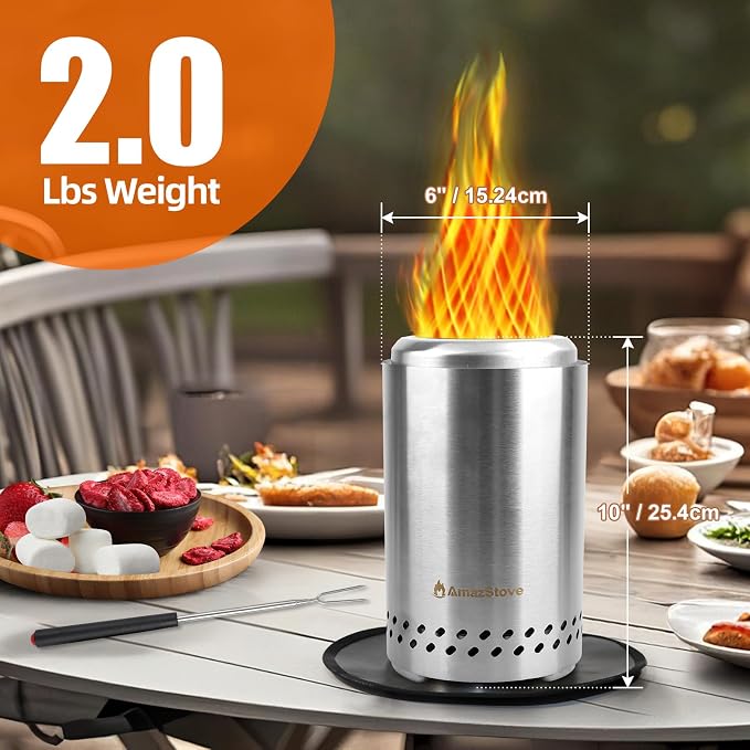 Spinning Flame Tabletop Fire Pit by AmazStove, Low Smoke Stove Outdoor Safe Burning Firepits, Fueled Pellets or Wood, Travel Bag&mat&Forks Included, 10 x 6 Silver