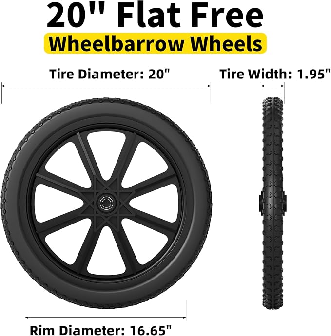 RONPOW 20 Inch Flat Free Wheelbarrow Wheels Compatible with rubbermaid Wheelbarrows Cart Tires, 5/8" Bearings and 3/4" Bearings, Replacement Wheelbarrow Wheels Garden Yard Carts, 400Lbs, 2Pack Black