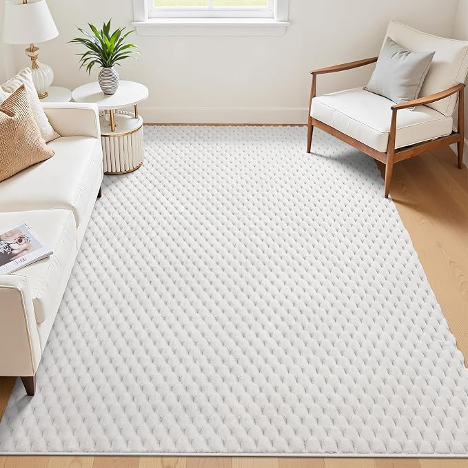 5x8 Area Rug for Living Room, White Washable 3D Bubble Bedroom Rug | Non Slip High Low Pile Hexagon Floor Mat for Dorm, Modern Soft Fluffy Carpet for Dining Room, Office and Nursery